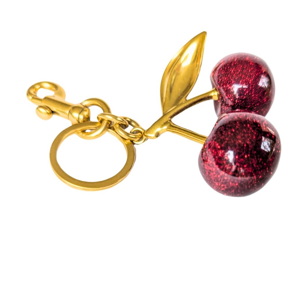 Cherry Bag Charm Key Chain Glitter Red Cherries Gold Clip - Picture 4 of 6